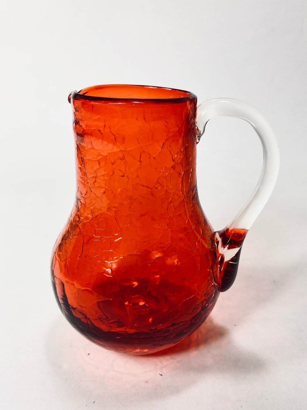 Vintage Pilgrim Handblown Glass Red Crackle Glass Mini Pitcher Clear Handle